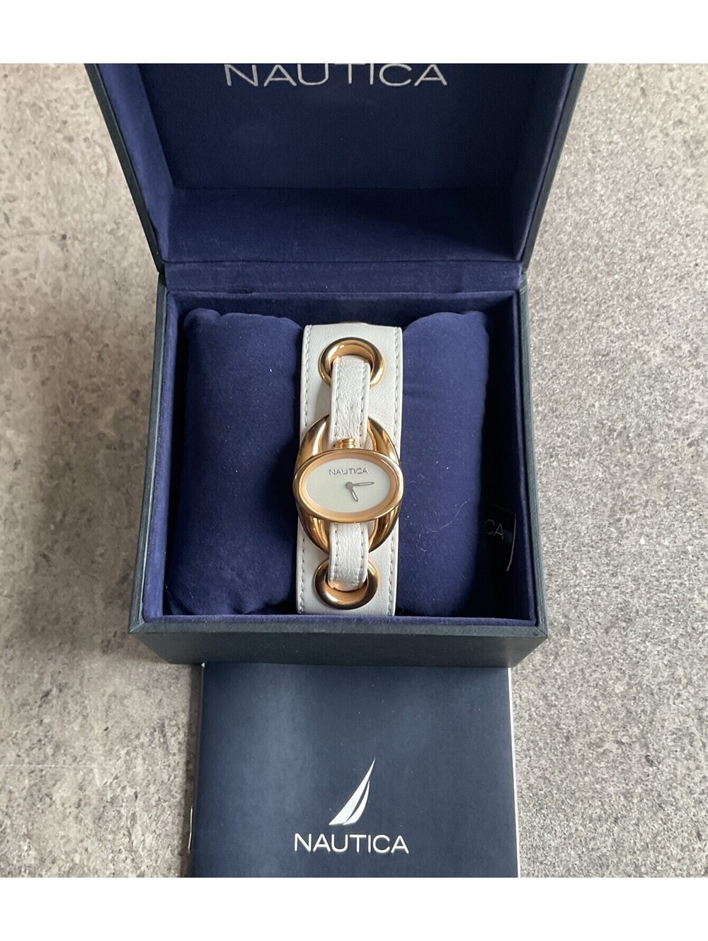 Nautica Womens Watch 27mm Gold Ton Case With MOP Dial White Leather Band NWT S2